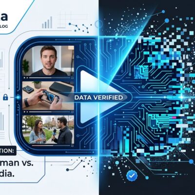 YouTube play button with AI detection scanning beam, showing human vs AI-generated video content split, blue and white tech illustration