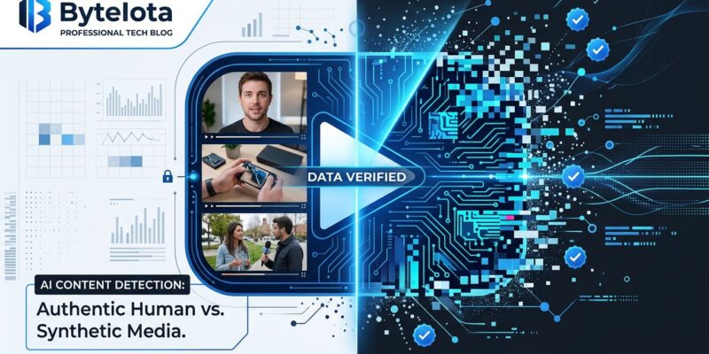 YouTube play button with AI detection scanning beam, showing human vs AI-generated video content split, blue and white tech illustration
