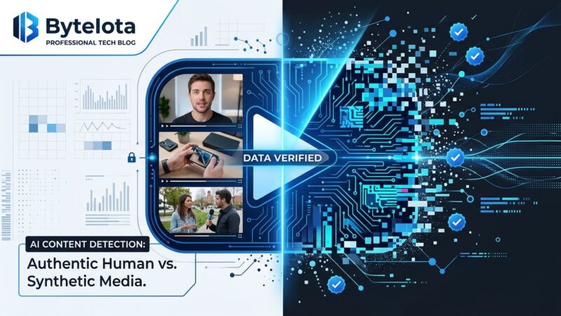 YouTube play button with AI detection scanning beam, showing human vs AI-generated video content split, blue and white tech illustration