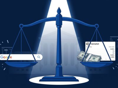 Scale of justice with Google search bar and Polymarket probability chart, representing insider trading charges against a Google engineer