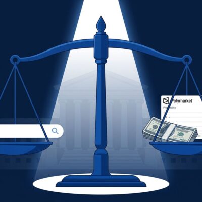 Scale of justice with Google search bar and Polymarket probability chart, representing insider trading charges against a Google engineer