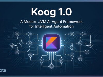 Koog 1.0 AI agent framework by JetBrains - Kotlin nodes connected in a workflow graph on a dark blue background