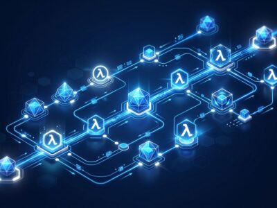 Abstract visualization of serverless workflow orchestration with blue data streams and lambda function nodes on dark background
