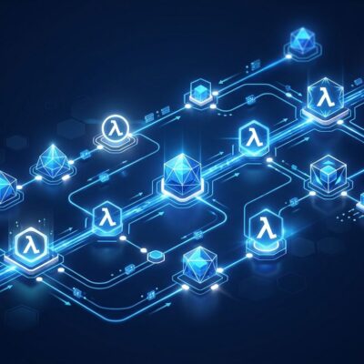Abstract visualization of serverless workflow orchestration with blue data streams and lambda function nodes on dark background