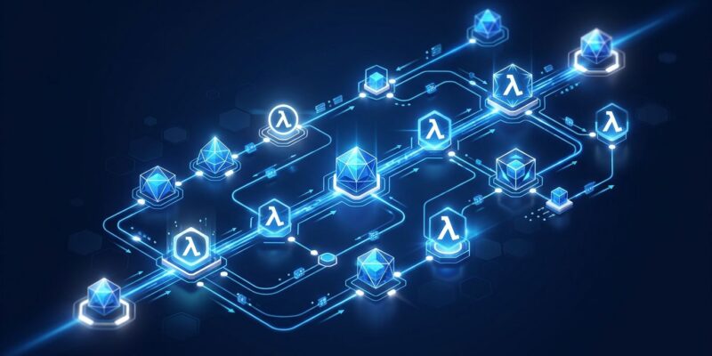Abstract visualization of serverless workflow orchestration with blue data streams and lambda function nodes on dark background