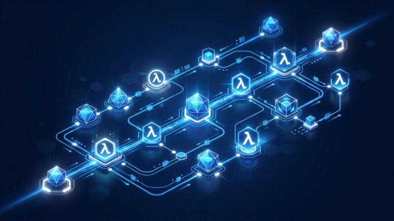 Abstract visualization of serverless workflow orchestration with blue data streams and lambda function nodes on dark background