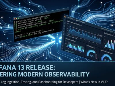 Grafana 13 release featuring Kafka-backed Loki log pipeline, GCX CLI terminal interface, and monitoring dashboard metrics visualization