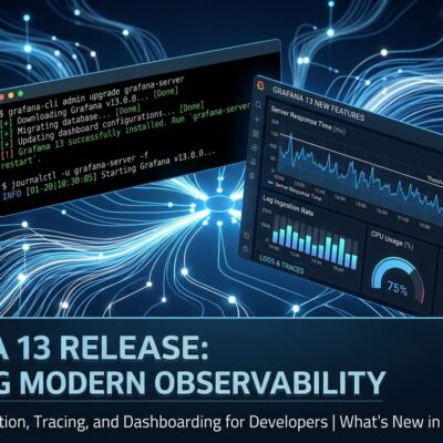 Grafana 13 release featuring Kafka-backed Loki log pipeline, GCX CLI terminal interface, and monitoring dashboard metrics visualization
