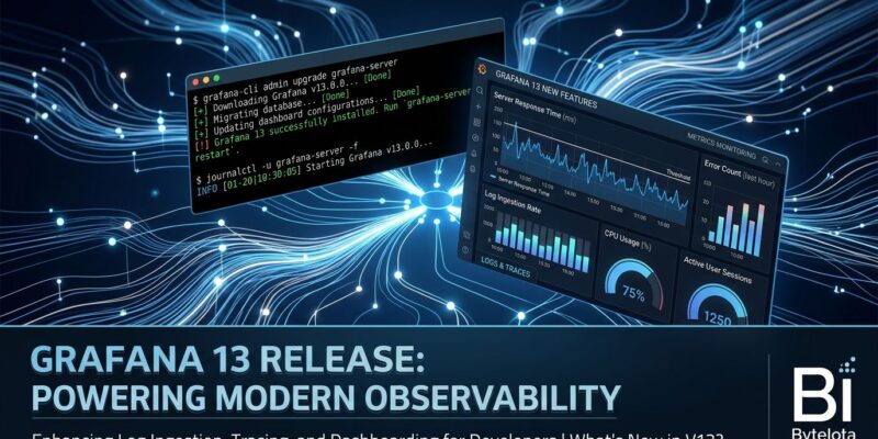 Grafana 13 release featuring Kafka-backed Loki log pipeline, GCX CLI terminal interface, and monitoring dashboard metrics visualization