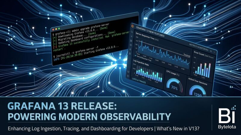 Grafana 13 release featuring Kafka-backed Loki log pipeline, GCX CLI terminal interface, and monitoring dashboard metrics visualization