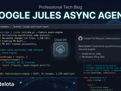 Jules Google async coding agent terminal interface showing /jules command dispatching tasks to cloud VM with pull request output