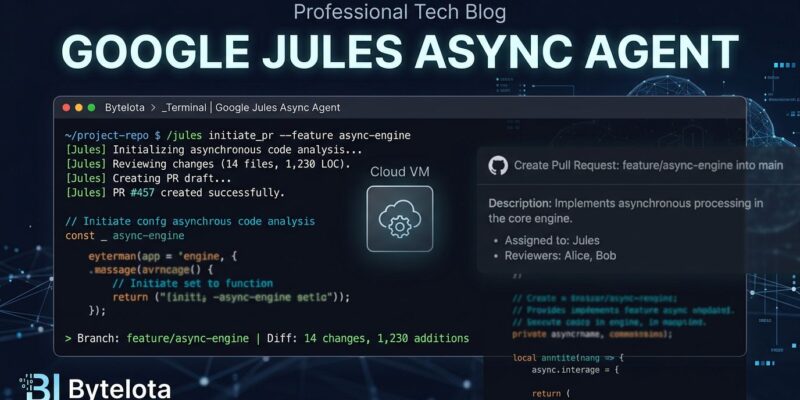 Jules Google async coding agent terminal interface showing /jules command dispatching tasks to cloud VM with pull request output