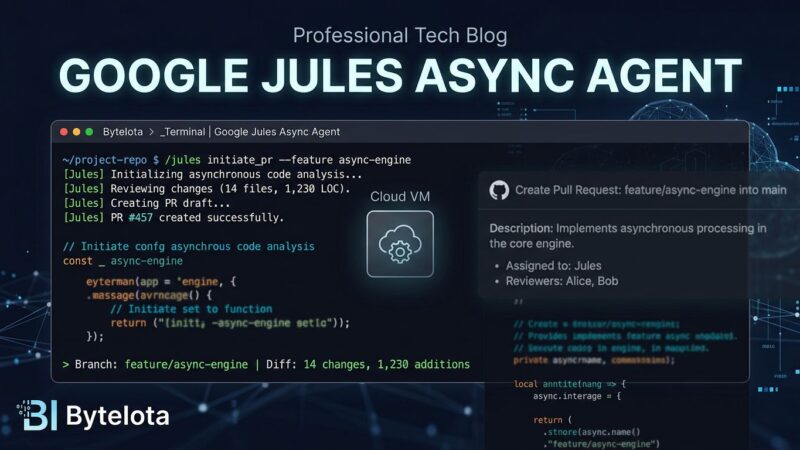 Jules Google async coding agent terminal interface showing /jules command dispatching tasks to cloud VM with pull request output