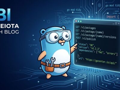 Go gopher examining API documentation on a terminal screen showing pkg.go.dev endpoints