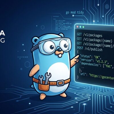 Go gopher examining API documentation on a terminal screen showing pkg.go.dev endpoints