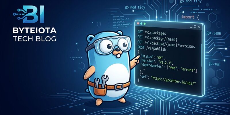 Go gopher examining API documentation on a terminal screen showing pkg.go.dev endpoints