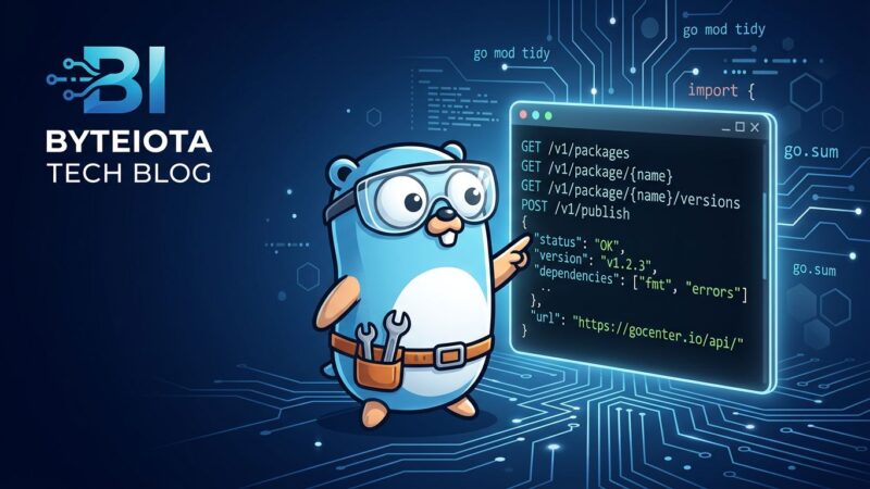 Go gopher examining API documentation on a terminal screen showing pkg.go.dev endpoints