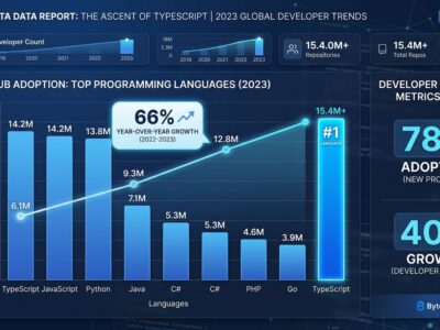 Data visualization showing TypeScript's rise to number one most-used language on GitHub with bar chart comparing TypeScript, Python, and JavaScript adoption rates