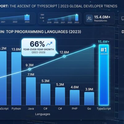 Data visualization showing TypeScript's rise to number one most-used language on GitHub with bar chart comparing TypeScript, Python, and JavaScript adoption rates