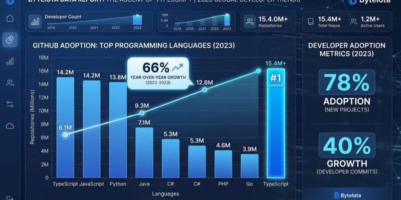 Data visualization showing TypeScript's rise to number one most-used language on GitHub with bar chart comparing TypeScript, Python, and JavaScript adoption rates