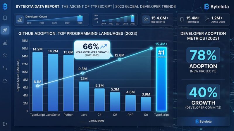 Data visualization showing TypeScript's rise to number one most-used language on GitHub with bar chart comparing TypeScript, Python, and JavaScript adoption rates