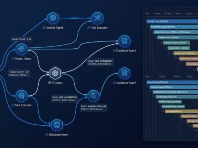 Jaeger v2 distributed tracing visualization for AI agents showing model spans, tool spans, and trace waterfall diagram