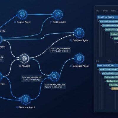 Jaeger v2 distributed tracing visualization for AI agents showing model spans, tool spans, and trace waterfall diagram