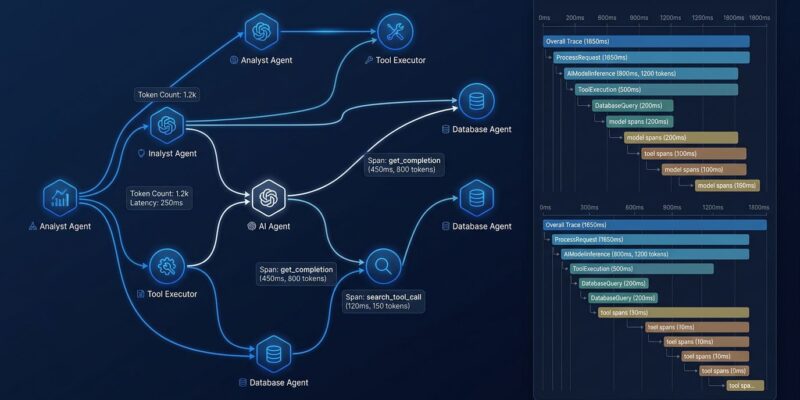Jaeger v2 distributed tracing visualization for AI agents showing model spans, tool spans, and trace waterfall diagram