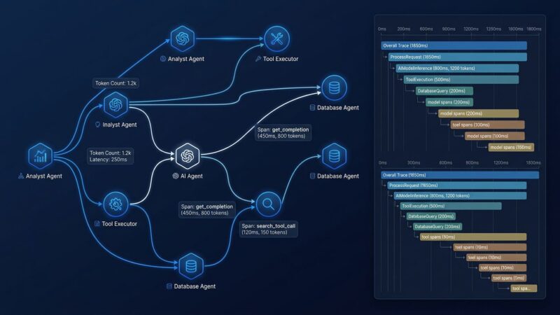 Jaeger v2 distributed tracing visualization for AI agents showing model spans, tool spans, and trace waterfall diagram