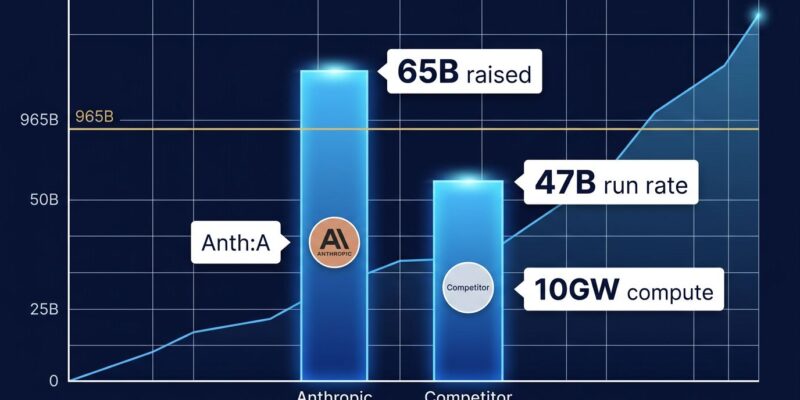 Data visualization bar chart showing Anthropic's $965 billion Series H valuation surpassing OpenAI with funding metrics
