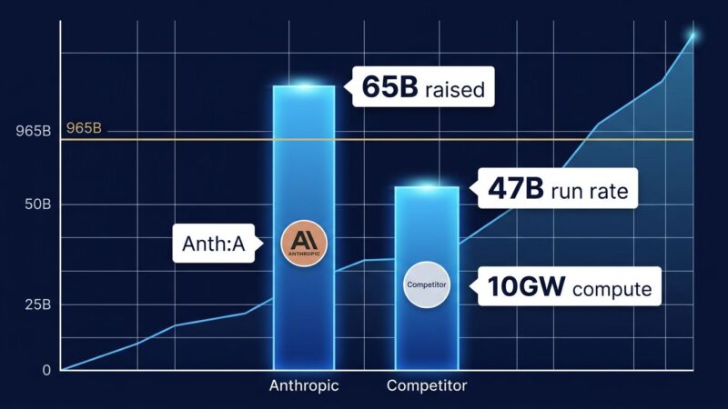 Data visualization bar chart showing Anthropic's $965 billion Series H valuation surpassing OpenAI with funding metrics