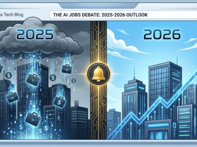 Split-screen illustration showing AI jobs predictions in 2025 versus 2026, representing the reversal by Sam Altman and Dario Amodei