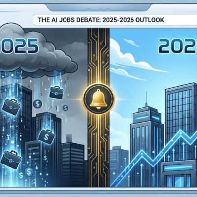 Split-screen illustration showing AI jobs predictions in 2025 versus 2026, representing the reversal by Sam Altman and Dario Amodei