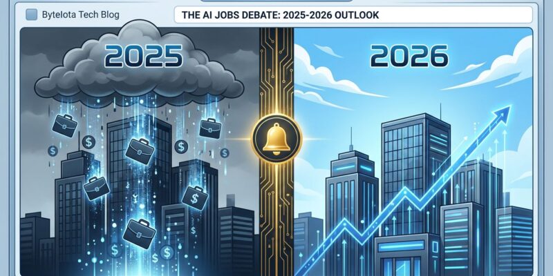 Split-screen illustration showing AI jobs predictions in 2025 versus 2026, representing the reversal by Sam Altman and Dario Amodei