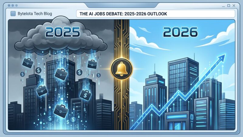 Split-screen illustration showing AI jobs predictions in 2025 versus 2026, representing the reversal by Sam Altman and Dario Amodei