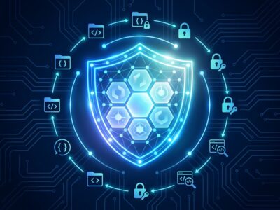 IBM and Red Hat Project Lightwell - AI-powered open source vulnerability patching initiative featuring a security shield with hexagonal package icons on dark blue background