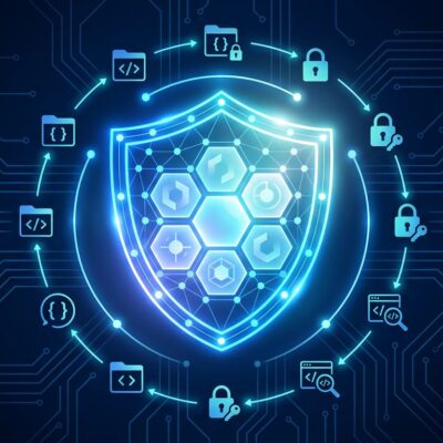 IBM and Red Hat Project Lightwell - AI-powered open source vulnerability patching initiative featuring a security shield with hexagonal package icons on dark blue background