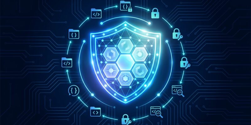 IBM and Red Hat Project Lightwell - AI-powered open source vulnerability patching initiative featuring a security shield with hexagonal package icons on dark blue background