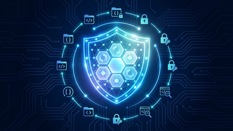 IBM and Red Hat Project Lightwell - AI-powered open source vulnerability patching initiative featuring a security shield with hexagonal package icons on dark blue background