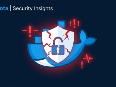 Docker Model Runner security vulnerability — code execution flaw illustration with Docker logo and security warning on dark blue background