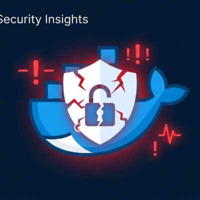 Docker Model Runner security vulnerability — code execution flaw illustration with Docker logo and security warning on dark blue background