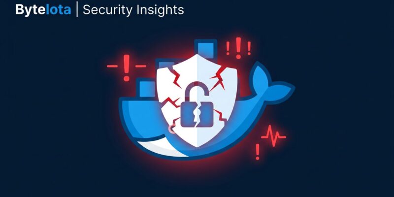Docker Model Runner security vulnerability — code execution flaw illustration with Docker logo and security warning on dark blue background