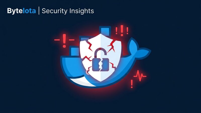 Docker Model Runner security vulnerability — code execution flaw illustration with Docker logo and security warning on dark blue background