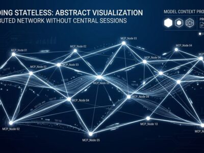 Abstract visualization of Model Context Protocol going stateless - distributed server nodes connected without central session hub in ByteIota blue and white