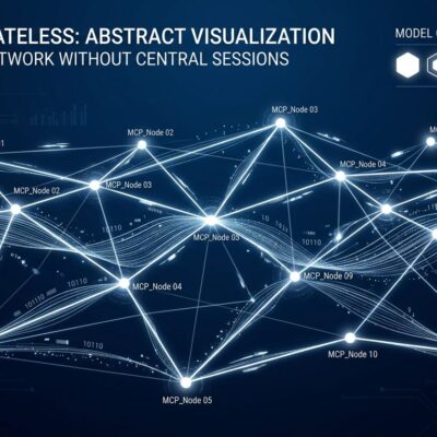 Abstract visualization of Model Context Protocol going stateless - distributed server nodes connected without central session hub in ByteIota blue and white