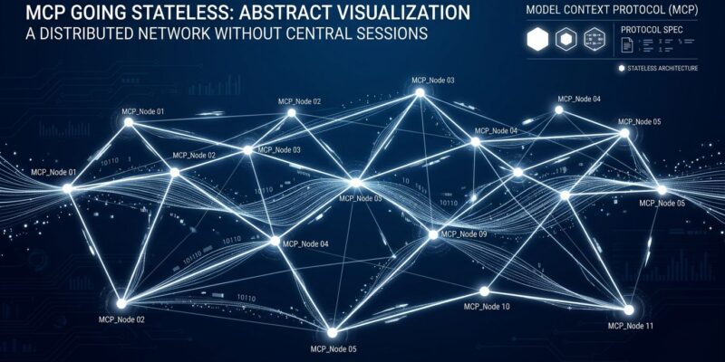 Abstract visualization of Model Context Protocol going stateless - distributed server nodes connected without central session hub in ByteIota blue and white