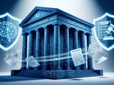 Courthouse with AI circuit patterns and legal shields representing Illinois SB315 mandatory AI safety audits