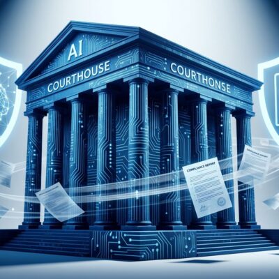 Courthouse with AI circuit patterns and legal shields representing Illinois SB315 mandatory AI safety audits