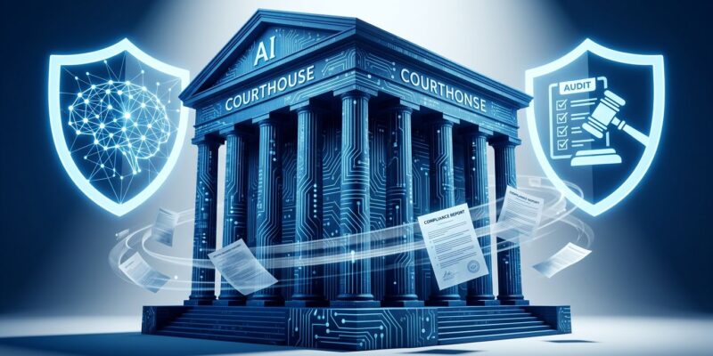 Courthouse with AI circuit patterns and legal shields representing Illinois SB315 mandatory AI safety audits