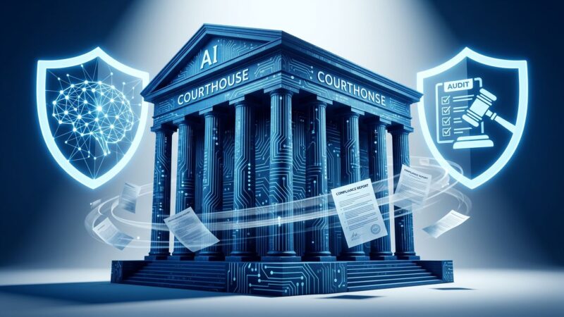 Courthouse with AI circuit patterns and legal shields representing Illinois SB315 mandatory AI safety audits
